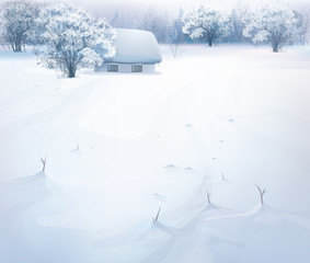 Vector winter landscape with house in forest.