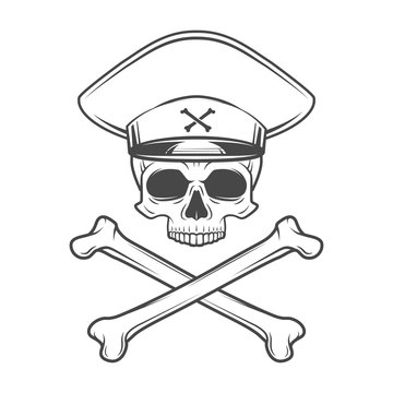 Skull with general hat and cross bones. Dead crazy tyrant logo concept. Vector military t-shirt illustration