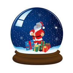 magic snow ball with stand and Santa, vector illustration