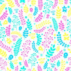 Floral seamless pattern. Hand drawn doodle flowers and plants for your design. Vector. Yellow, green, pink ang green flowers on white background.