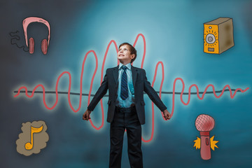 Teen boy businessman looking up and smiling spread his arms soun