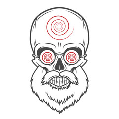 Bearded skull with hypnotic glasses. Crazy steampunk magician portrait. Dead victorian old man vintage logo