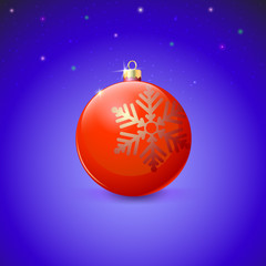 Red Christmas ball with snowflake over starry background.