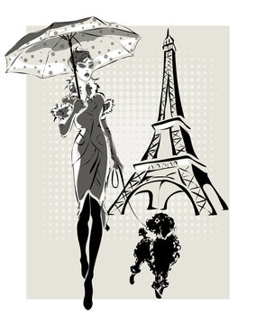 illustration Fashion woman near Eiffel Tower with little dog