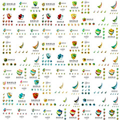 Mega set of protection shield logo concepts. Color flowing wave design icons on white