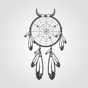 Indian Dream catcher isolated on white background. Vector illustration for your artwork, tattoo, posters, badges.