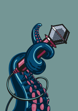 Octopus tentacle is holding a microphone. The  template for music posters