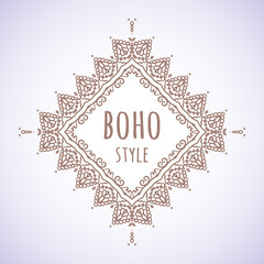 Hand drawn Boho style frame on a teal background with a place for your text. Circle Boho wreath for invitations, save the date or wedding card design. Yoga Meditation Logo Graphic. Vector illustration