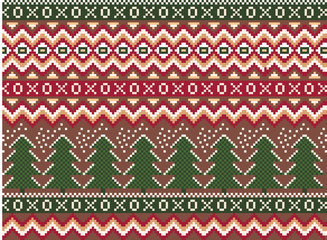  pixel seamless winter holiday pattern with pines and snowflakes