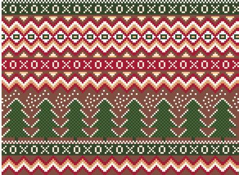  pixel seamless winter holiday pattern with pines and snowflakes