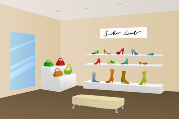 Shoe shop shopping center mall modern beige interior illustration vector