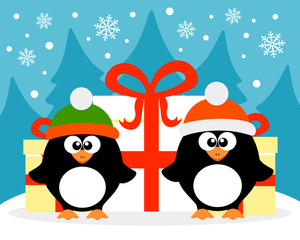Happy New Year card with penguin  santa claus and  penguin elf