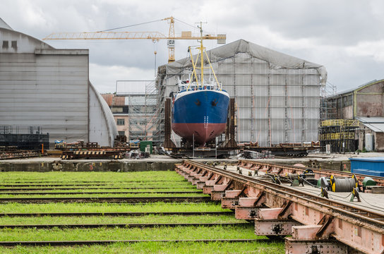 The ship on the stocks in the shipyard