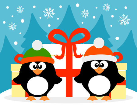 Happy New Year card with penguin  santa claus and  penguin elf