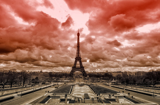 Red sky over Paris /  Sepia  Eiffel tower from Trocadero, Paris . France