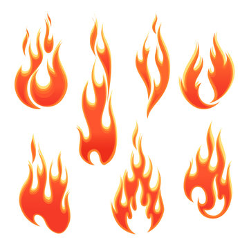 Fire flames of different shapes on white background. Vector illustration