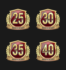 Vector Set of gold and red anniversary badge 25th, 30th, 35th, 40th Years