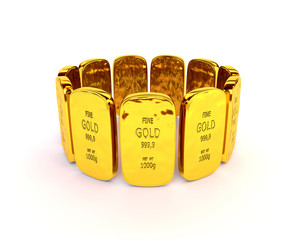 Gold bars in a stack on white background