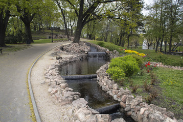 Small artificial waterfalls at Bastion Hill park in Riga, Latvia
