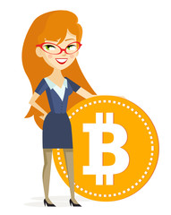 mujer exitosa sosteniendo una moneda bitcoin