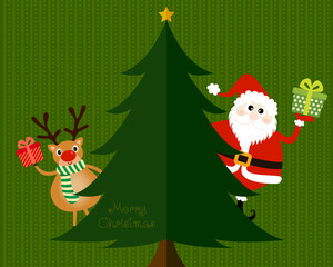 Vector of Christmas card, postcard or banner design with cute reindeer and santa are hold a gift and stand behind the green pine tree.