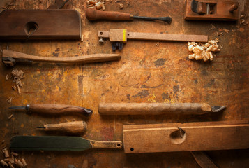 Hand tools Wood on an old wooden workbench