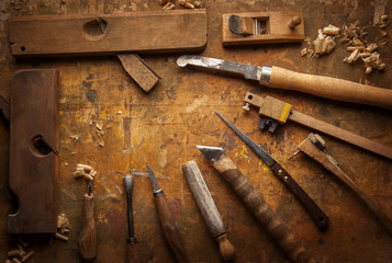 Hand tools Wood on an old wooden workbench
