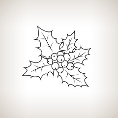 Christmas Holly  Berry on a Light  Background, Christmas Decorations, Drawing in Linear Style, Merry Christmas and Happy New Year, Black and White Vector Illustration
