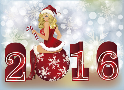 Beautiful santa claus girl new 2016 year card, vector illustration