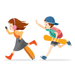 Boy And Girl Running To Travel, Activity, Travel, Winter, Season, Vacation