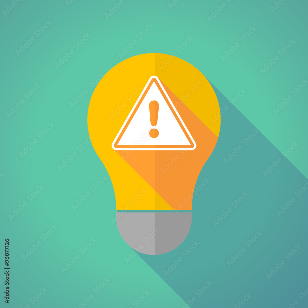 Sticker Long shadow vector light bulb with a warning signal