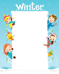 Fototapeta premium Children And Animal On Frame, Activity, Travel, Winter, Season, Vacation, holiday, Nature, Object