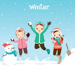 Fototapeta na wymiar Children Playing Snow Together, Activity, Travel, Winter, Season, Vacation, holiday, Nature, Object