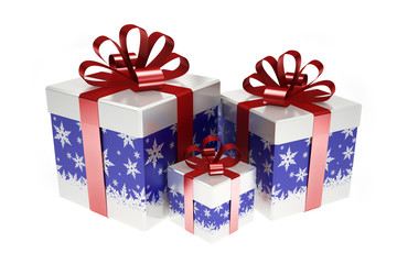 blue gift boxes with red ribbon isolated on white background