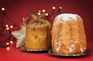 Pandoro and panettone italian christmas cake with copy space