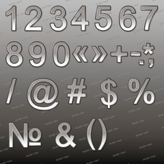 Design elements - silver 3D font, numbers and symbols. Set. Vector illustration.