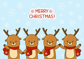 Cute cartoon deers on snow background 