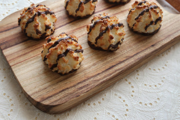 Chocolate Coconut macaroons, selective focus