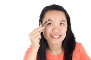 Makeup asian woman,write eyebrow with smile on white background