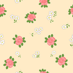 Seamless pattern with cartoon daisies and roses.