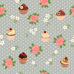 Seamless pattern with cartoon daisies, roses and cakes.