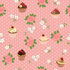 Wandcirkels plexiglas Seamless pattern with cartoon daisies, roses and cakes. © legon