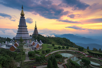 Naklejka premium Landscape of two pagoda on the top of Inthanon mountain, Chiang Mai, Thailand.