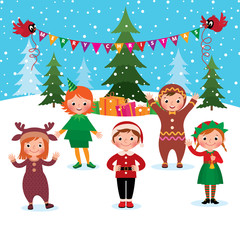 Obraz na płótnie Canvas Children celebrate Christmas and New Year/Cartoon vector illustration of a group of children celebrate Christmas and New Year