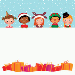Group of children in costumes and Christmas gifts/Stock vector illustration of Christmas Card Children in holiday costumes and gifts
