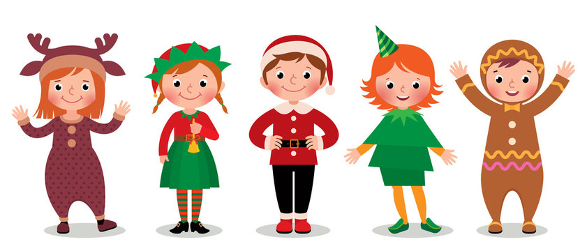 Group of children in costumes Christmas/Cartoon vector illustration of a Group of children in christmas costume isolated on white background