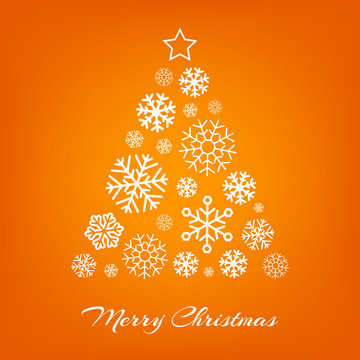 Vector Christmas Tree From White Snowflakes On Orange.