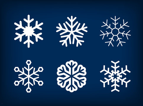 Collection of white vector snowflakes on blue background. 