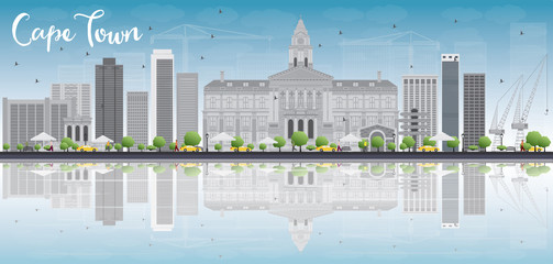 Cape town skyline with grey buildings, blue sky and reflection. Some elements have transparency mode different from normal