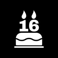 The birthday cake with candles in the form of number 16 icon. Birthday symbol. Flat